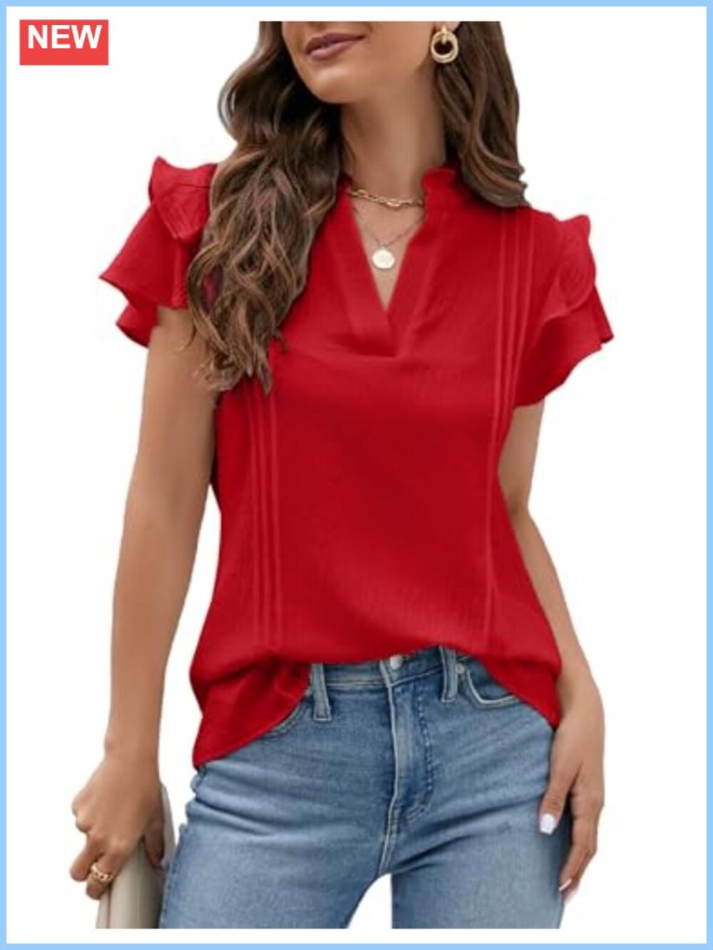 Womens V Neck Ruffle Short Sleeve Blouse Dressy Casual Top